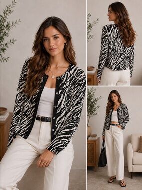 Vintage Knit Cardigan Animal print black brown white Large Petite